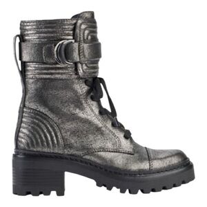 DKNY Basia Leather Gunmetal Silver Combat Lug Sole Boot US 5 EU 35 Big Kids 3.5